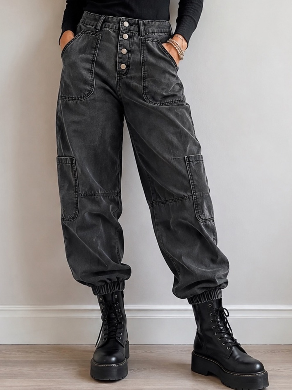 Washed Black Cargo Utility Jogger Jeans – Size M